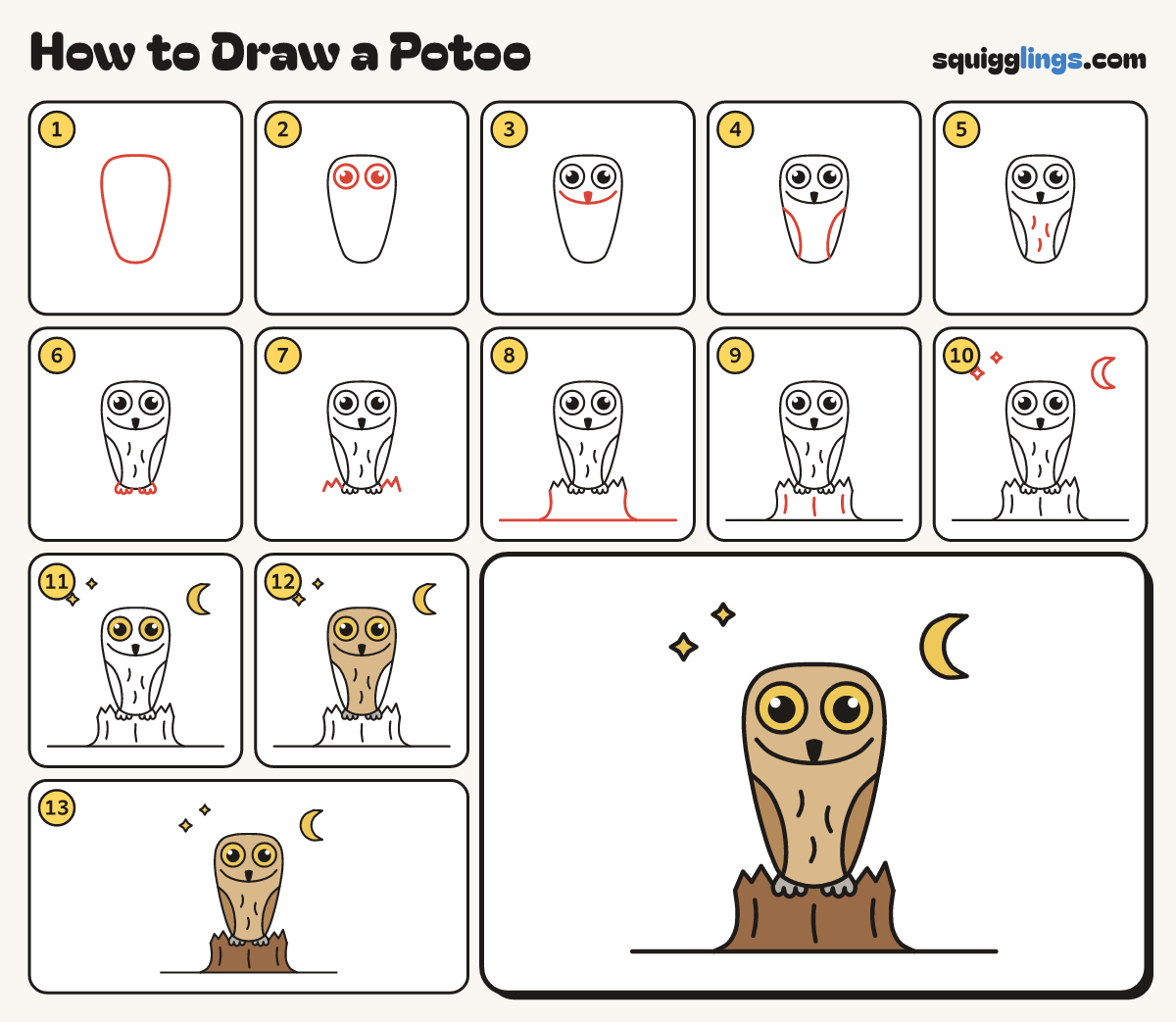 How to Draw a Potoo step by step: all 13 steps in one picture