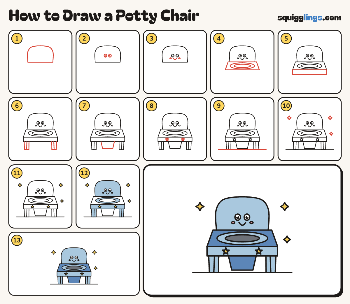 How to Draw a Potty Chair step by step: all 13 steps in one picture