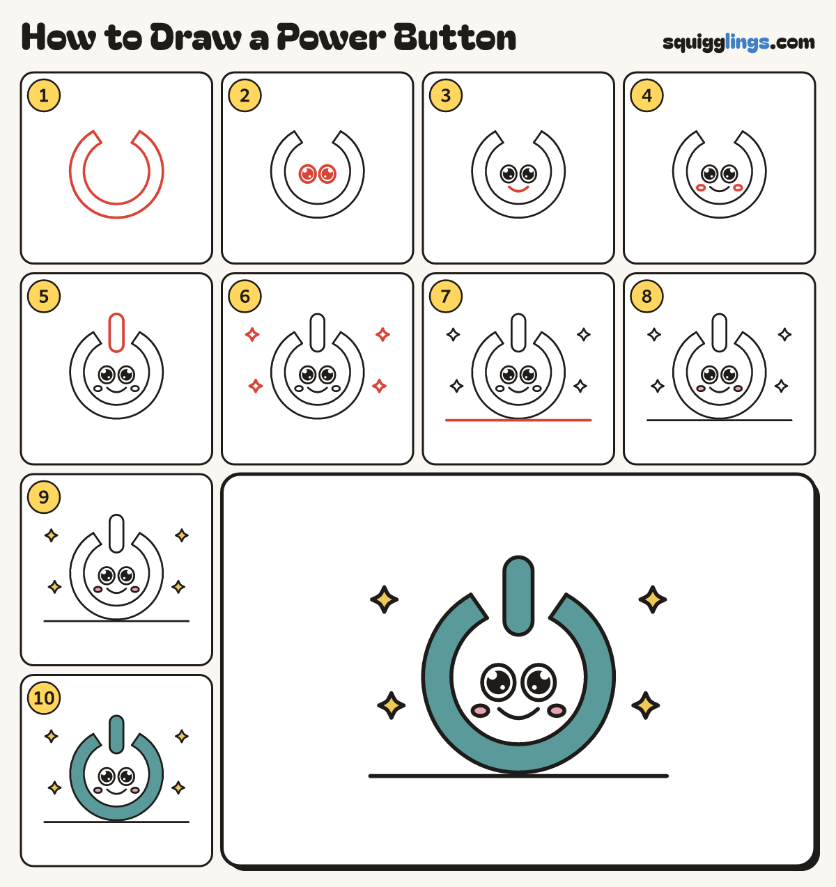 How to Draw a Power Button step by step: all 10 steps in one picture
