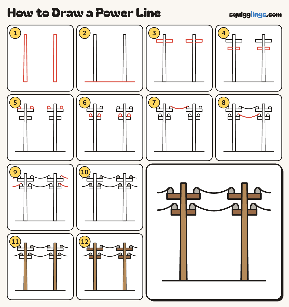 How to Draw a Power Line step by step: all 12 steps in one picture