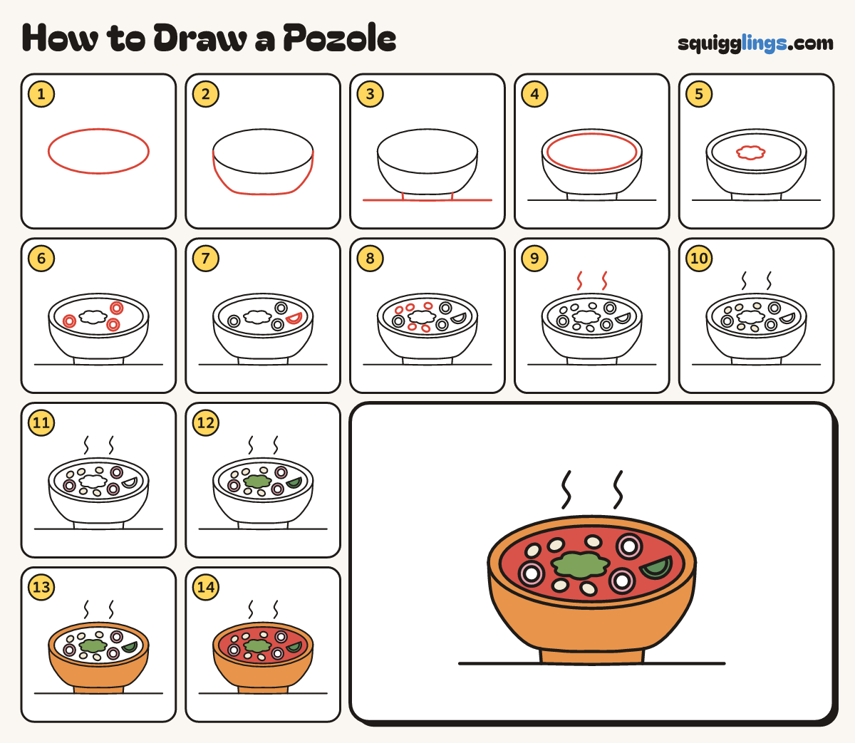 How to Draw a Pozole step by step: all 14 steps in one picture
