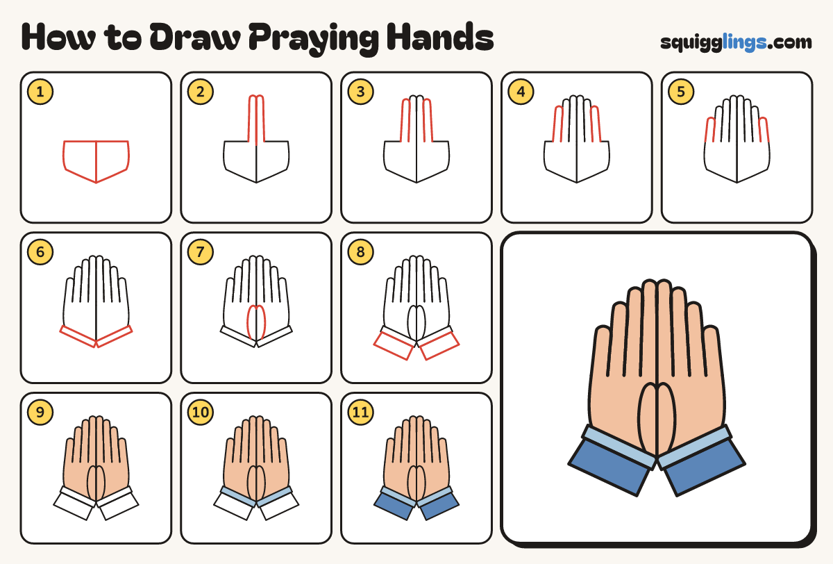 How to Draw Praying Hands step by step: all 11 steps in one picture