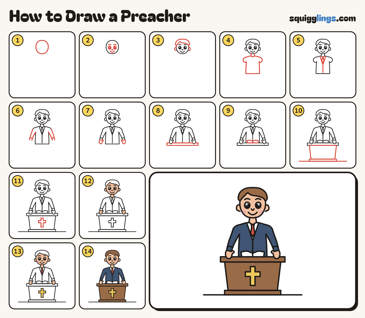 How to Draw a Preacher step by step: all 14 steps in one picture