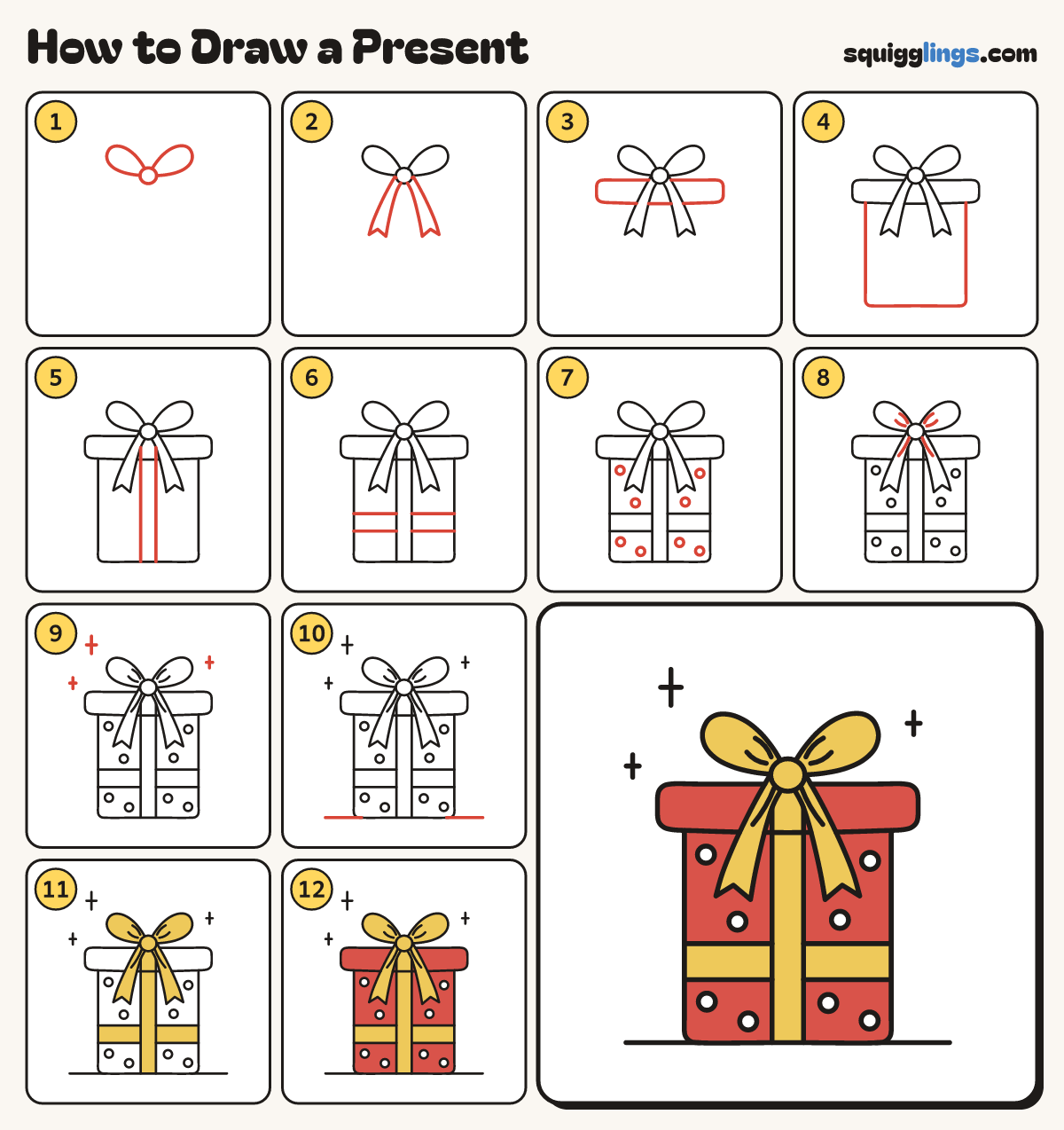 How to Draw a Present step by step: all 12 steps in one picture