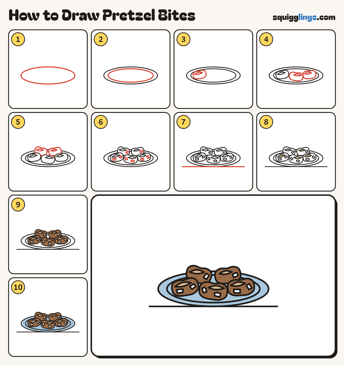 How to Draw Pretzel Bites step by step: all 10 steps in one picture