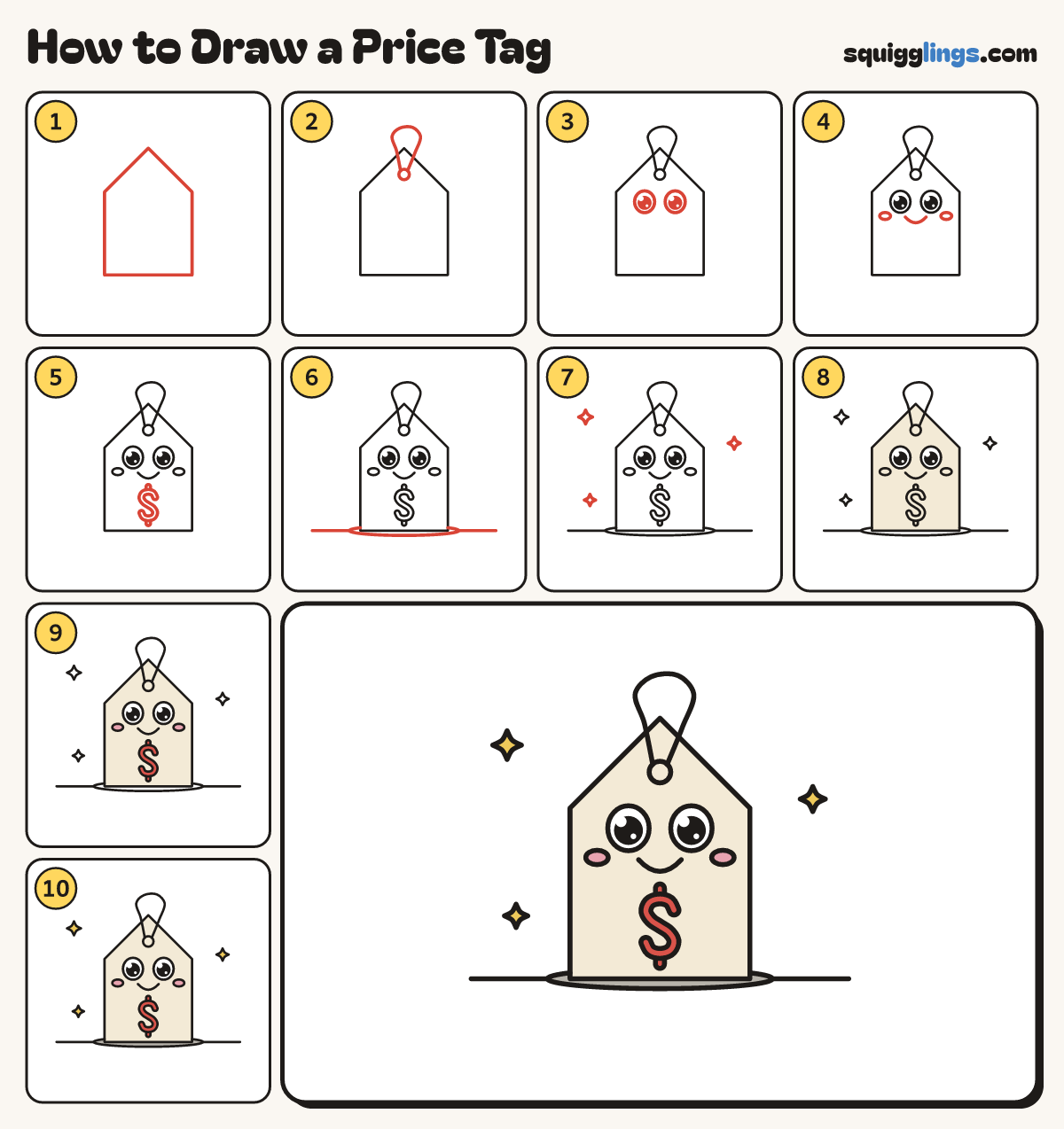 How to Draw a Price Tag step by step: all 10 steps in one picture
