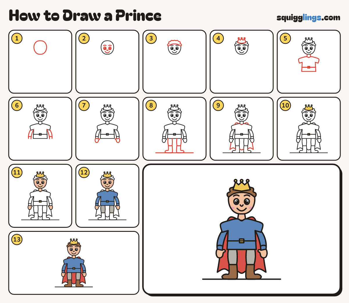 How to Draw a Prince step by step: all 13 steps in one picture