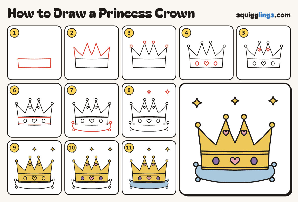 How to Draw a Princess Crown step by step: all 11 steps in one picture