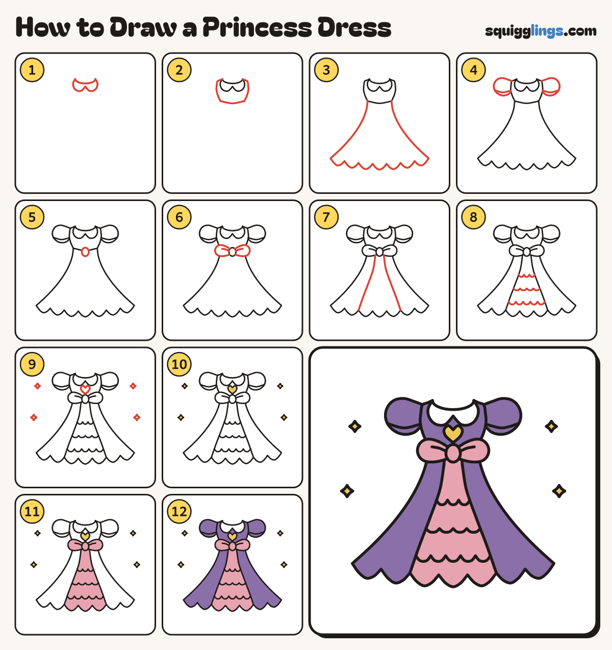 How to Draw a Princess Dress step by step: all 12 steps in one picture