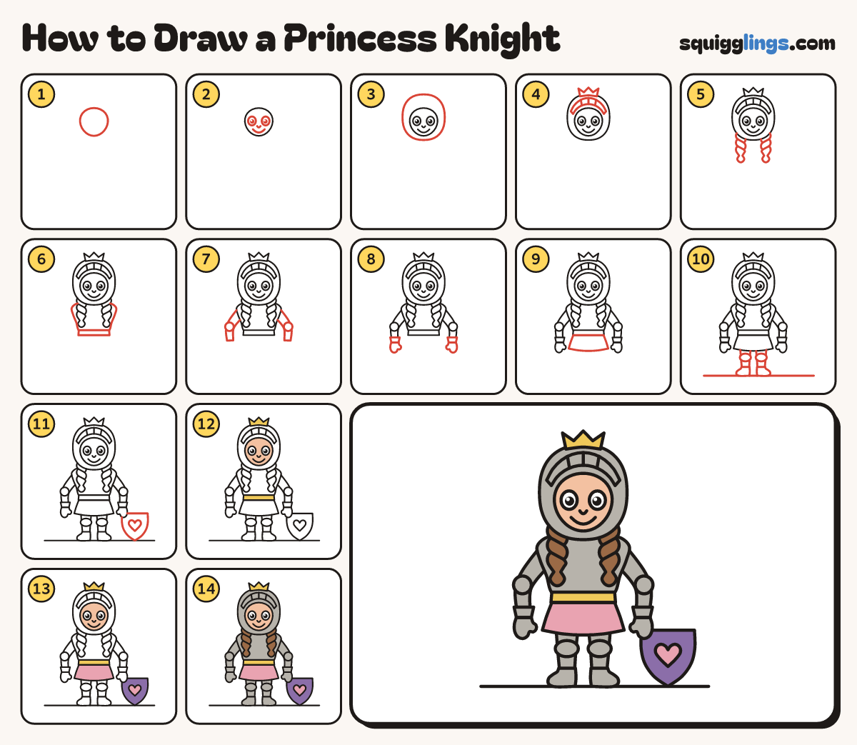 How to Draw a Princess Knight step by step: all 14 steps in one picture