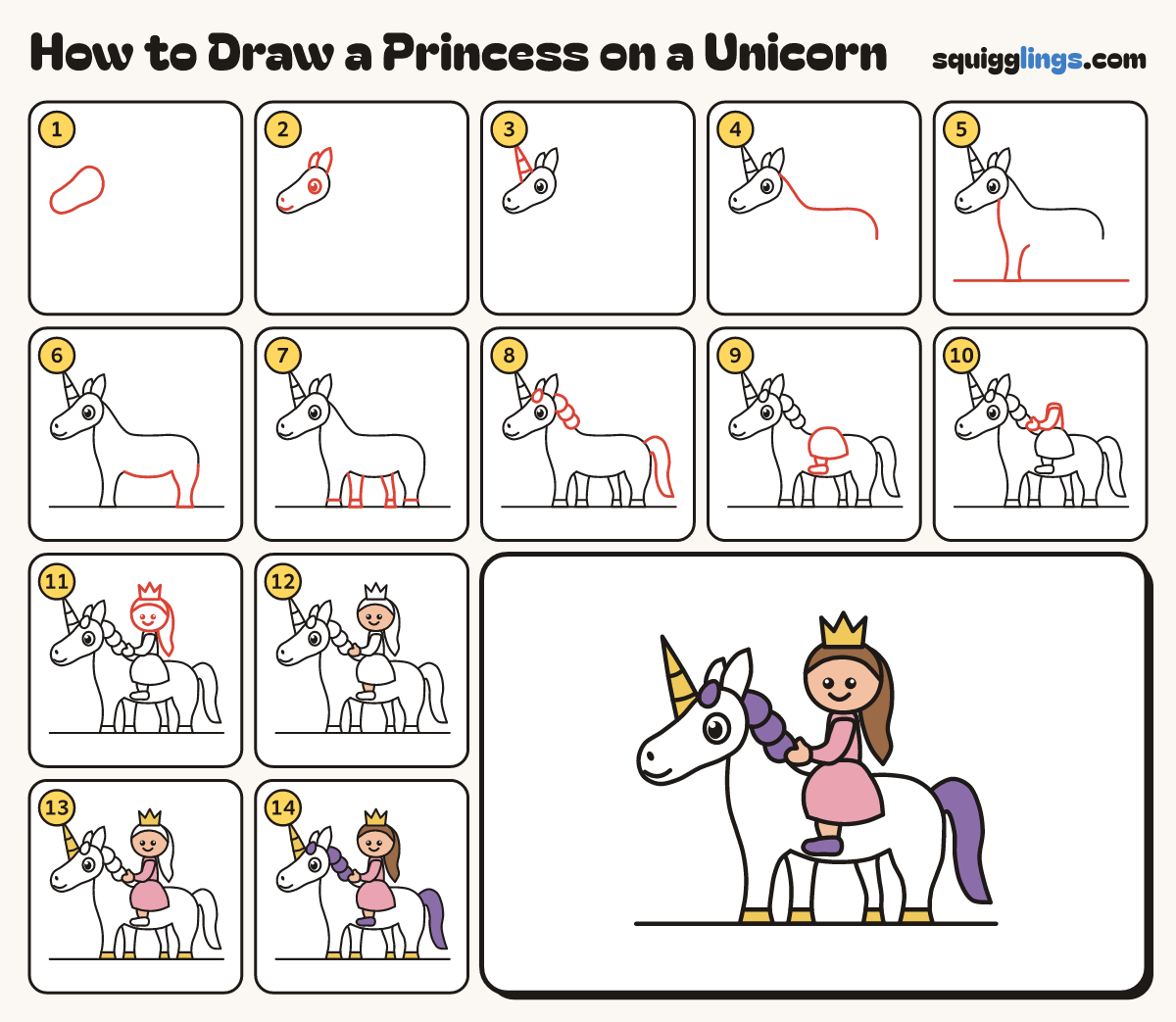 How to Draw a Princess on a Unicorn step by step: all 14 steps in one picture
