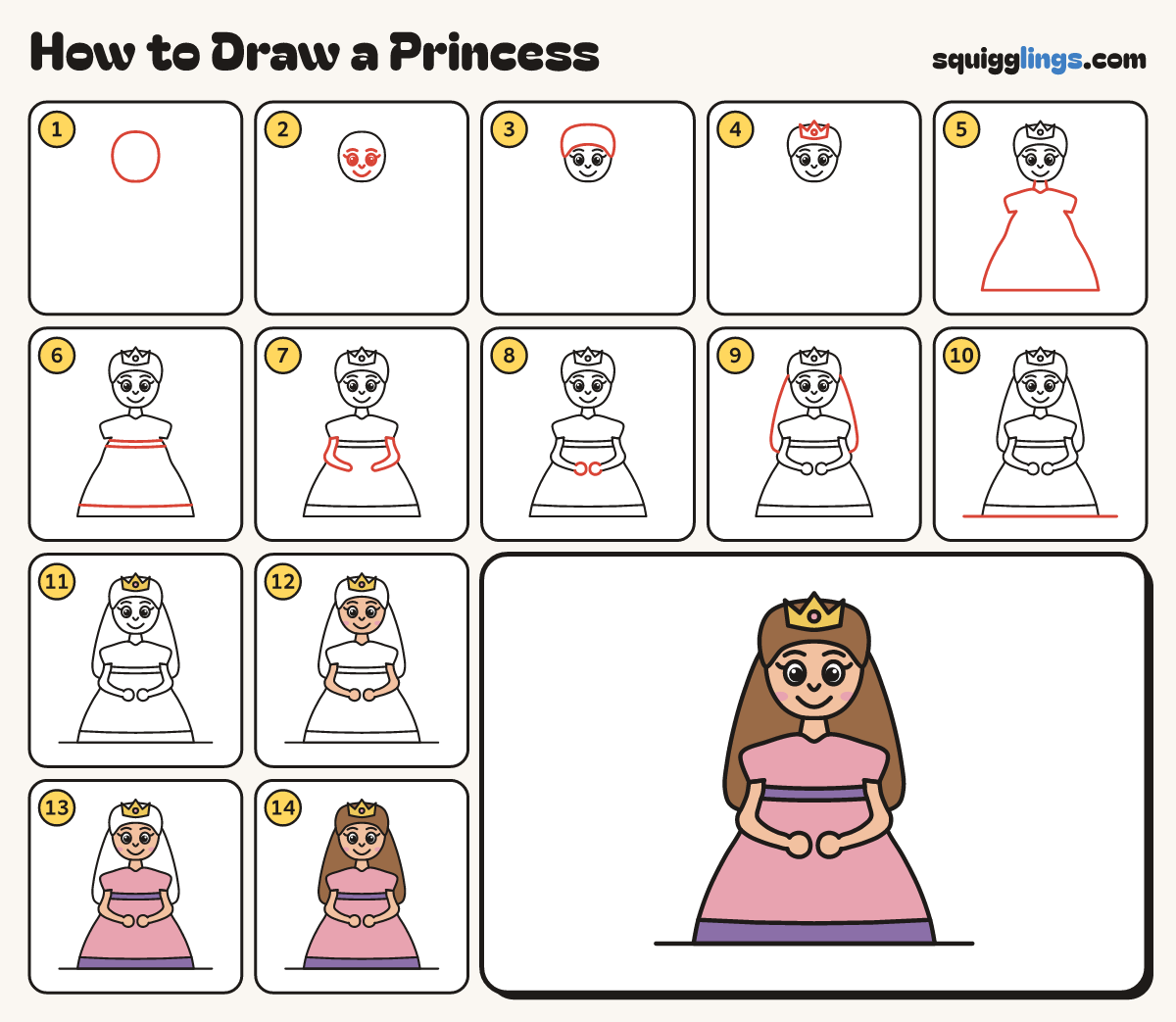How to Draw a Princess step by step: all 14 steps in one picture