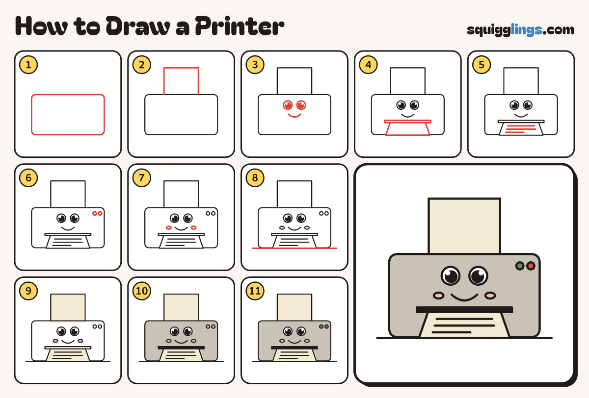 How to Draw a Printer step by step: all 11 steps in one picture