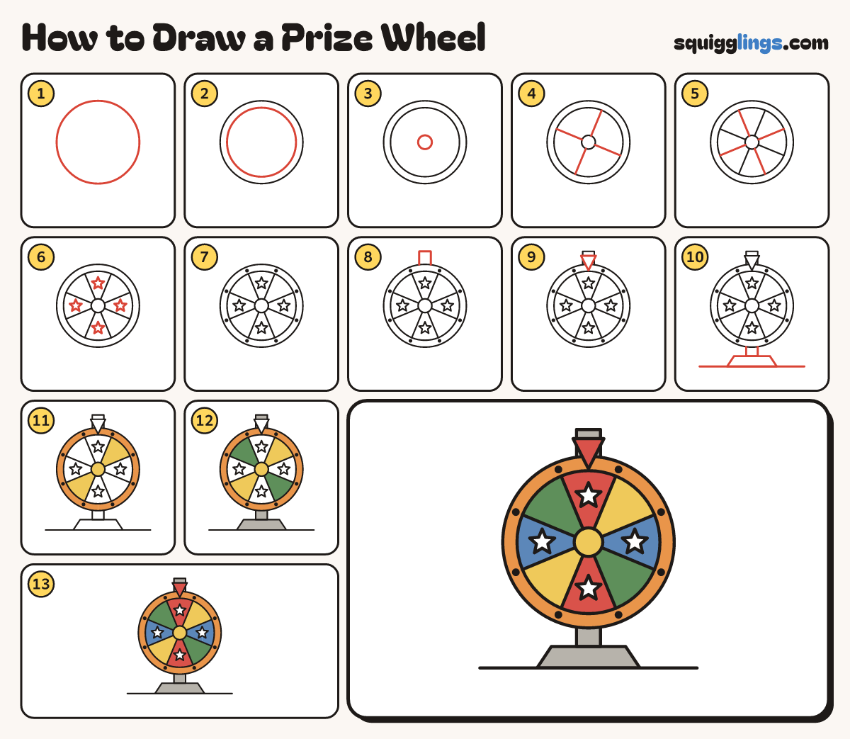 How to Draw a Prize Wheel step by step: all 13 steps in one picture