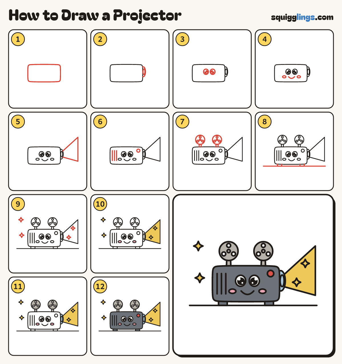 How to Draw a Projector step by step: all 12 steps in one picture