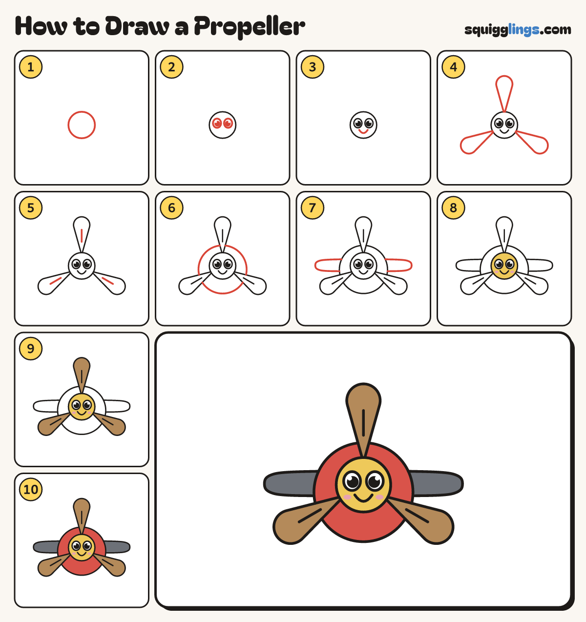 How to Draw a Propeller step by step: all 10 steps in one picture