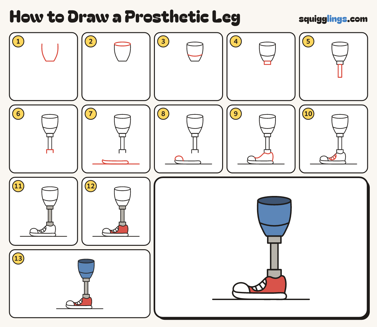 How to Draw a Prosthetic Leg step by step: all 13 steps in one picture