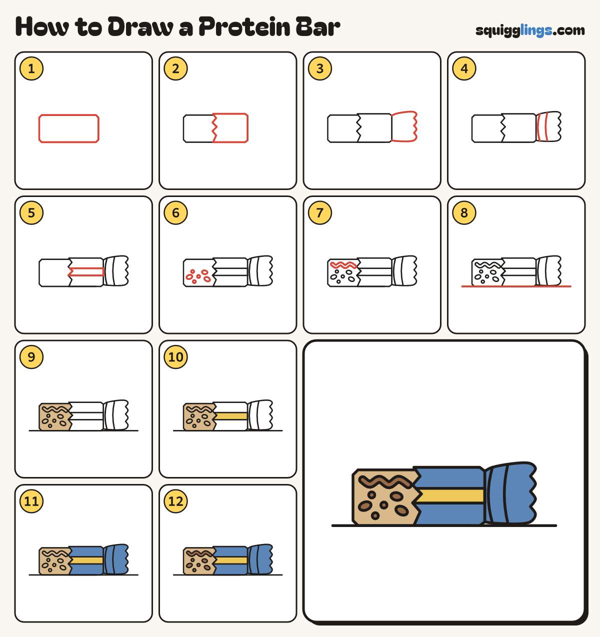 How to Draw a Protein Bar step by step: all 12 steps in one picture