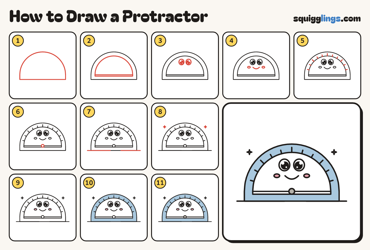 How to Draw a Protractor step by step: all 11 steps in one picture