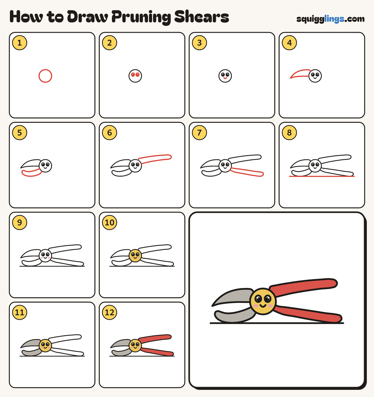 How to Draw Pruning Shears step by step: all 12 steps in one picture