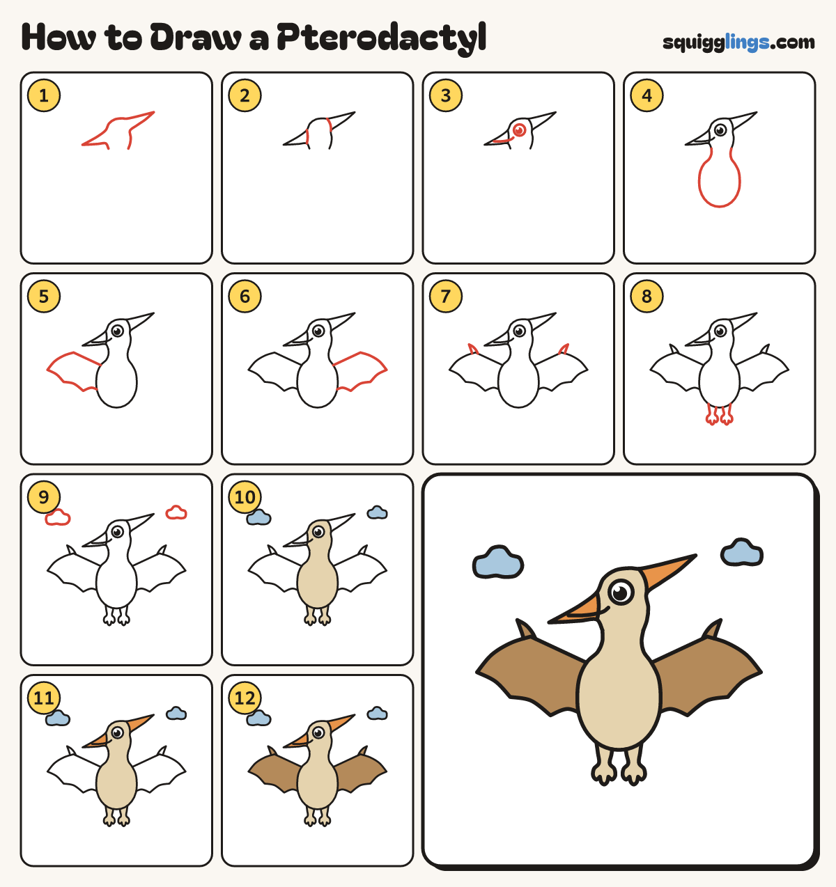 How to Draw a Pterodactyl step by step: all 12 steps in one picture