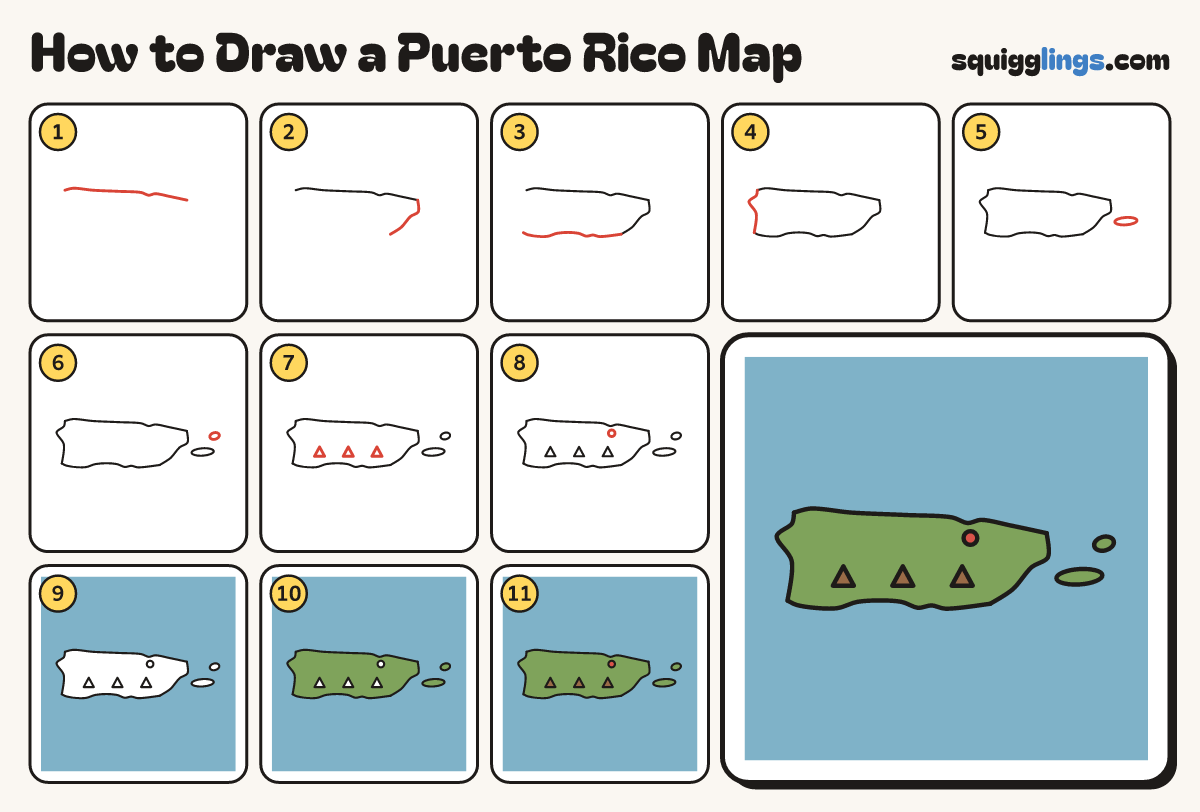 How to Draw a Puerto Rico Map step by step: all 11 steps in one picture