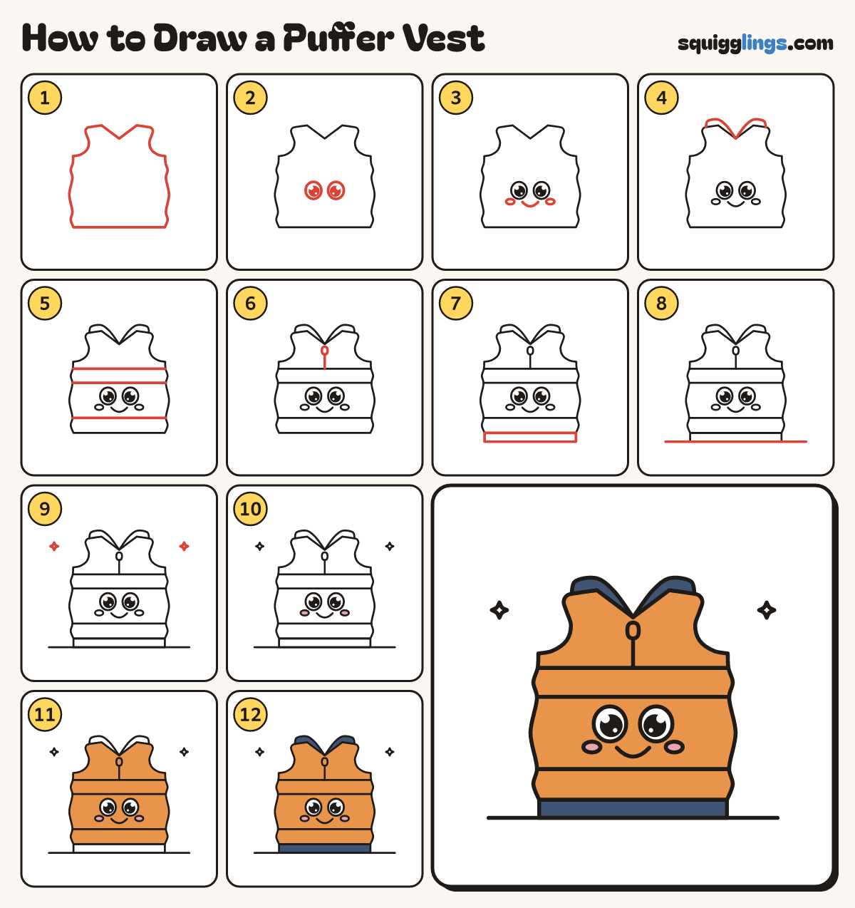 How to Draw a Puffer Vest step by step: all 12 steps in one picture