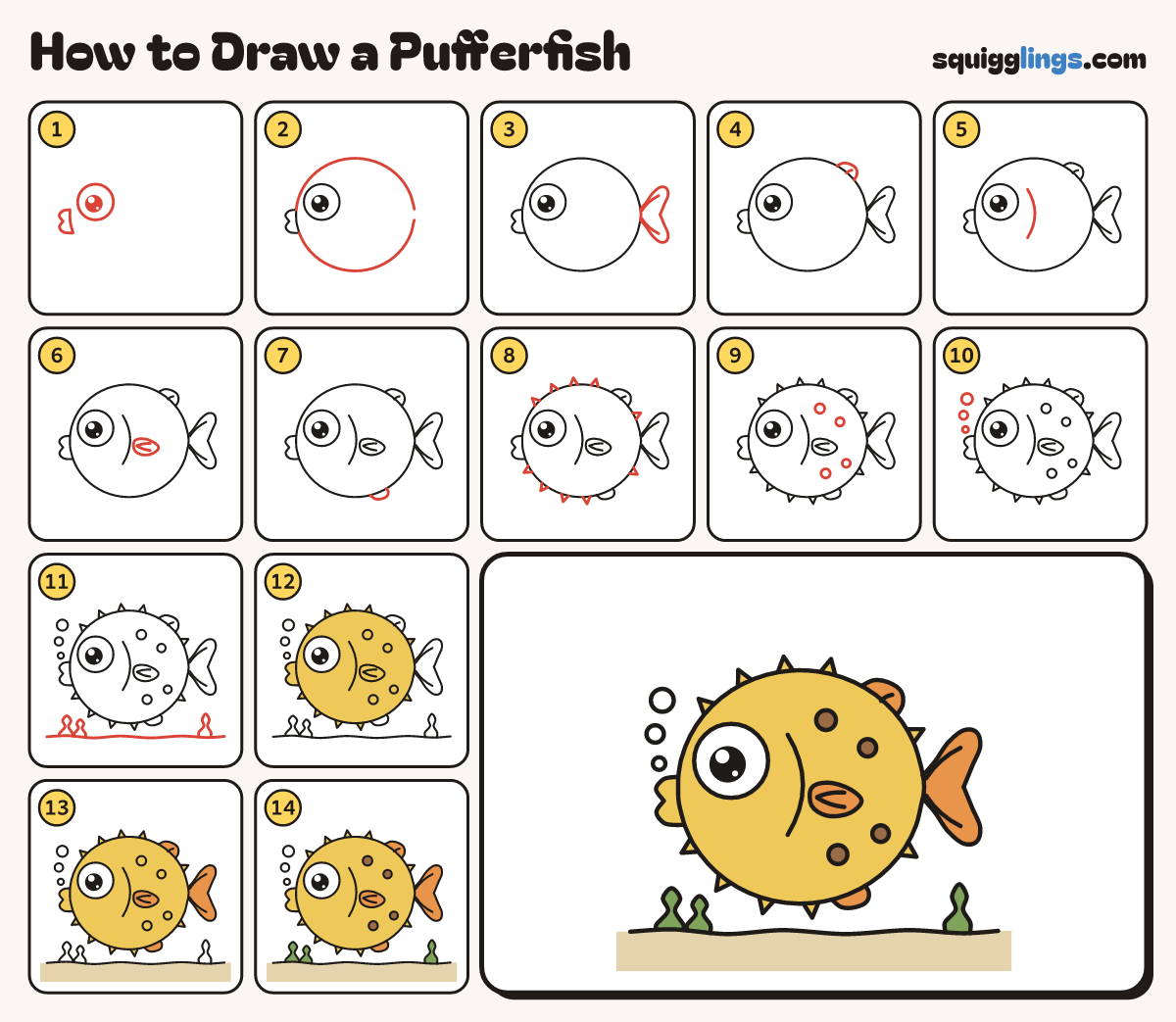 How to Draw a Pufferfish step by step: all 14 steps in one picture
