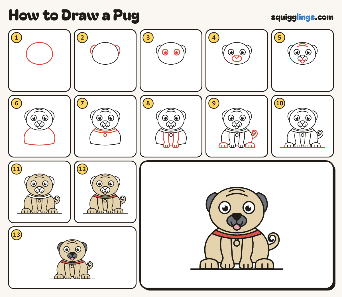 How to Draw a Pug step by step: all 13 steps in one picture