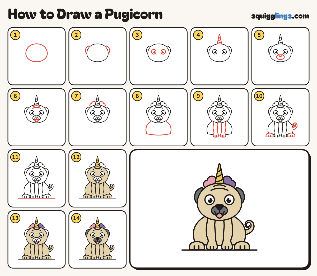 How to Draw a Pugicorn step by step: all 14 steps in one picture