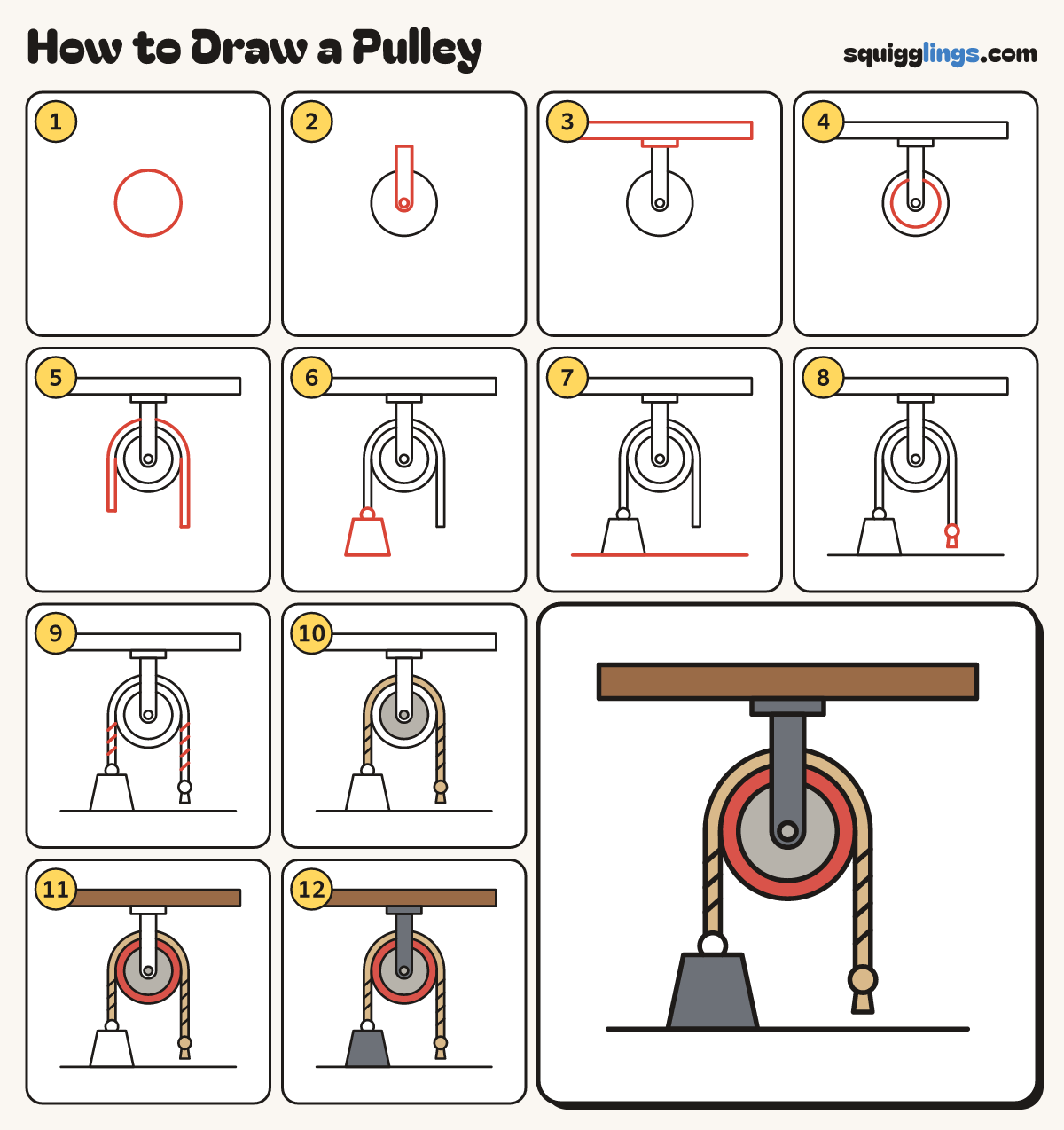 How to Draw a Pulley step by step: all 12 steps in one picture