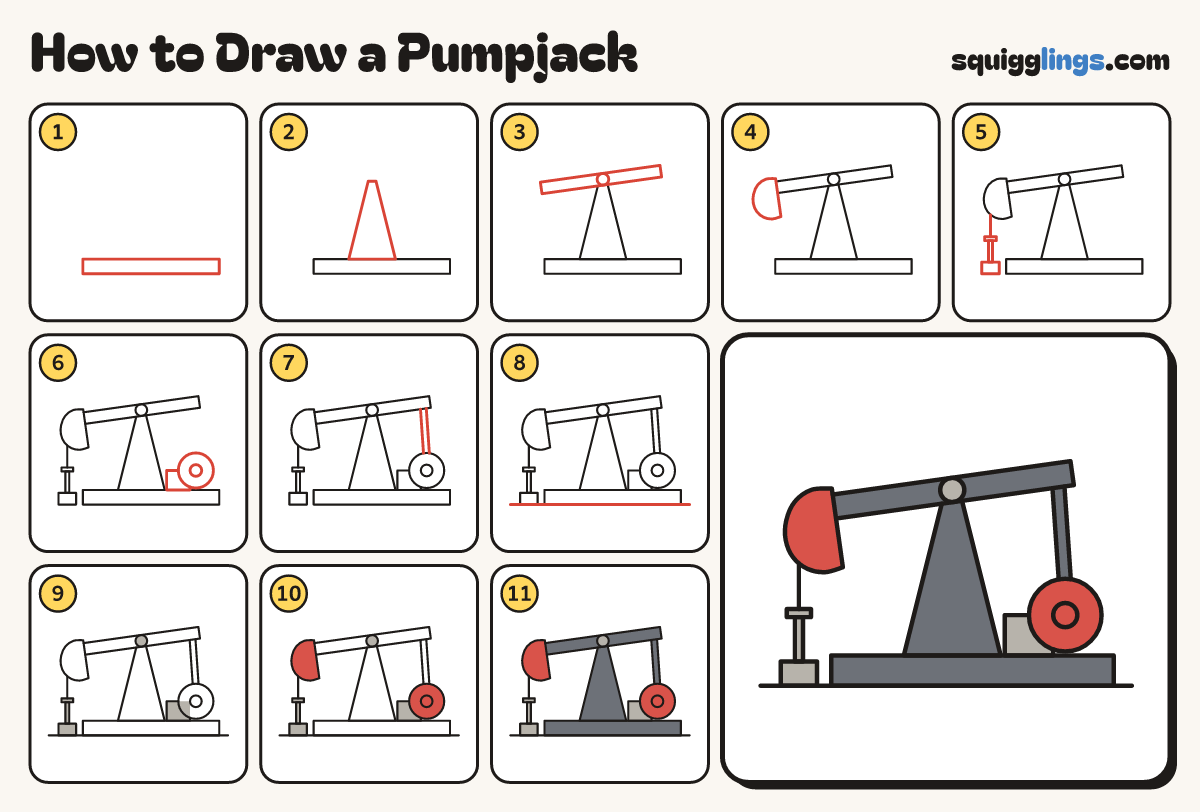 How to Draw a Pumpjack step by step: all 11 steps in one picture