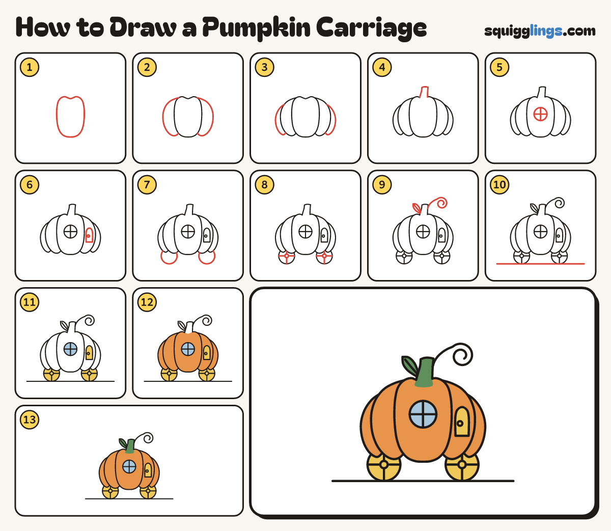 How to Draw a Pumpkin Carriage step by step: all 13 steps in one picture
