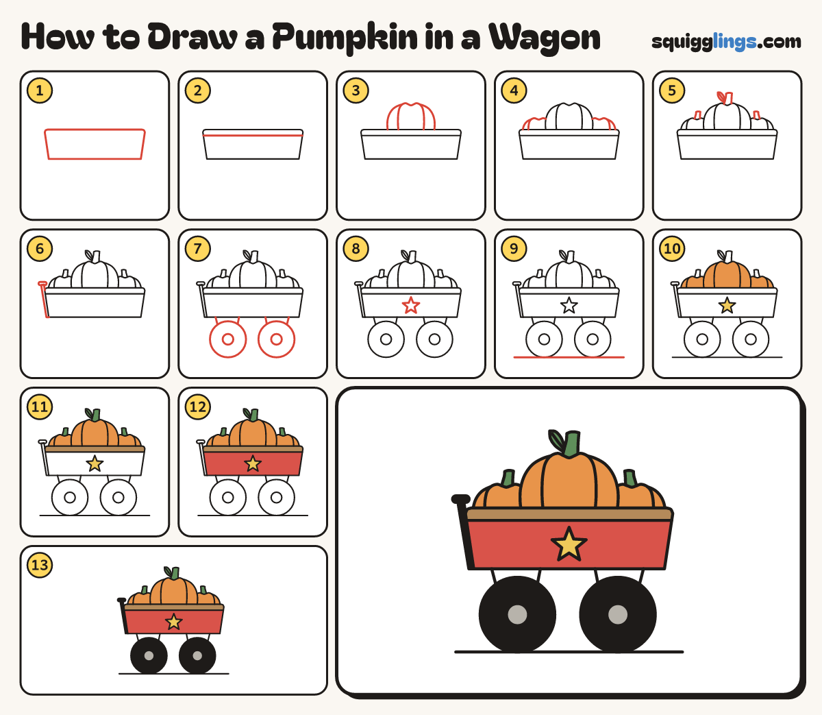 How to Draw a Pumpkin in a Wagon step by step: all 13 steps in one picture