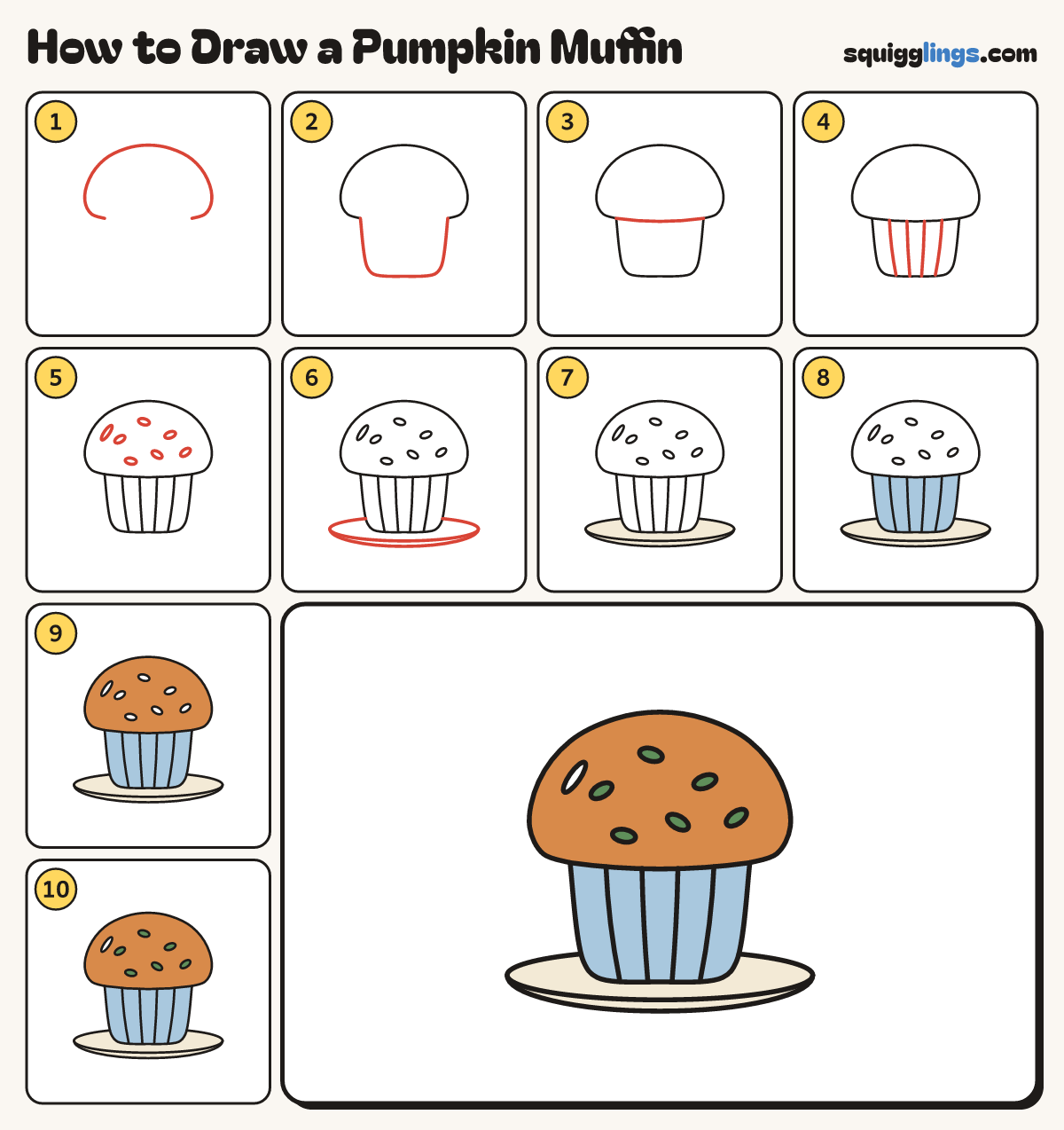 How to Draw a Pumpkin Muffin step by step: all 10 steps in one picture