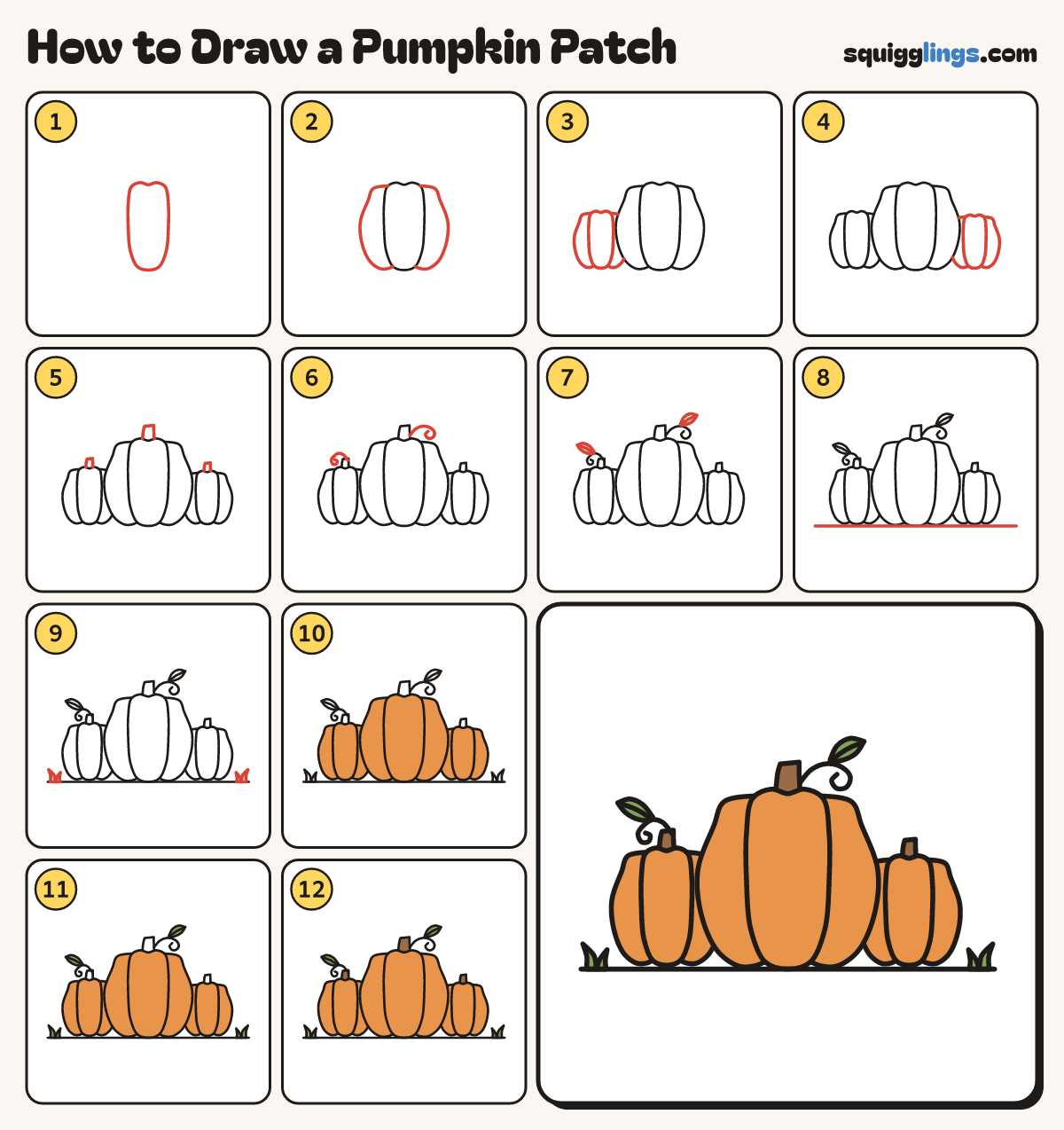 How to Draw a Pumpkin Patch step by step: all 12 steps in one picture