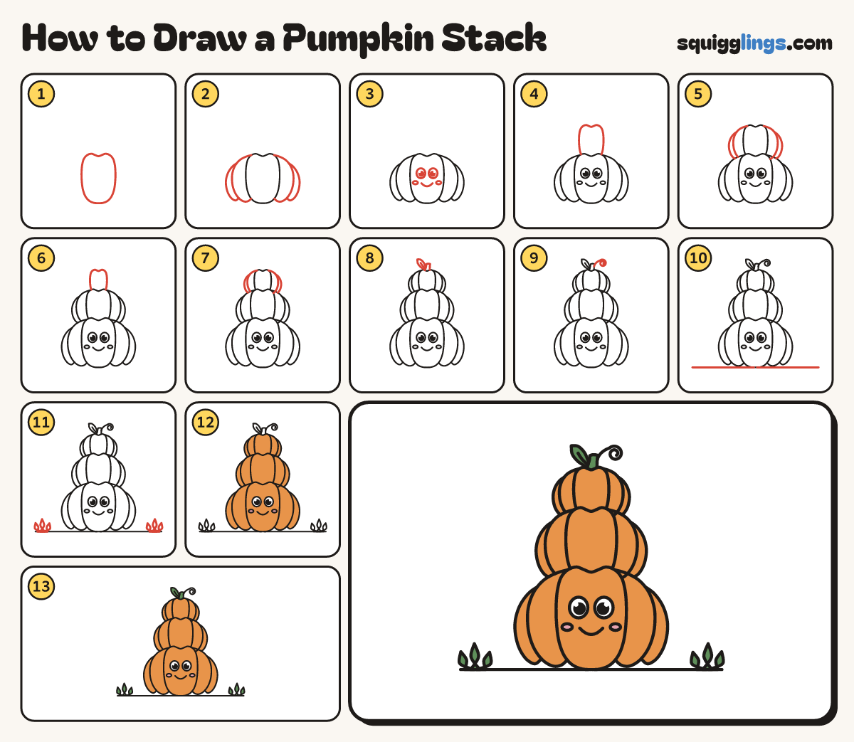 How to Draw a Pumpkin Stack step by step: all 13 steps in one picture