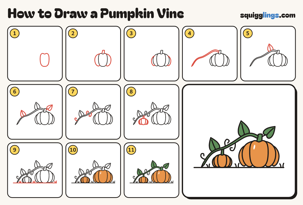 How to Draw a Pumpkin Vine step by step: all 11 steps in one picture