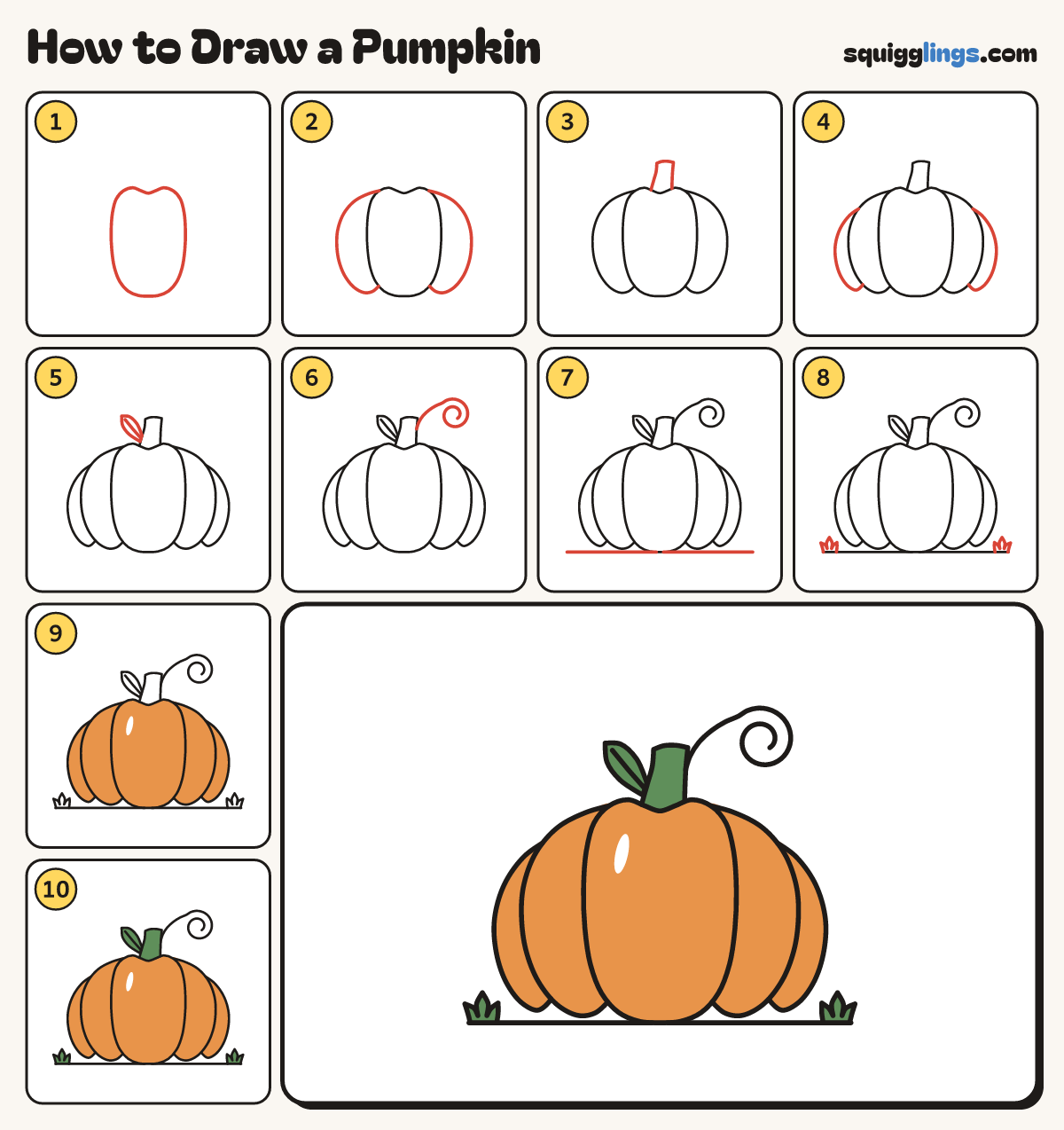 How to Draw a Pumpkin step by step: all 10 steps in one picture