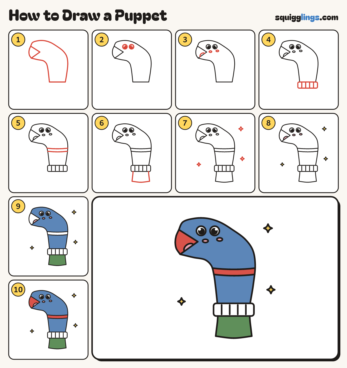 How to Draw a Puppet step by step: all 10 steps in one picture