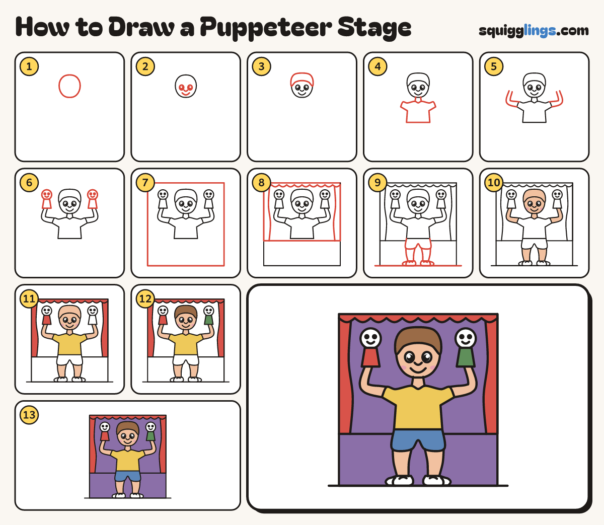 How to Draw a Puppeteer Stage step by step: all 13 steps in one picture