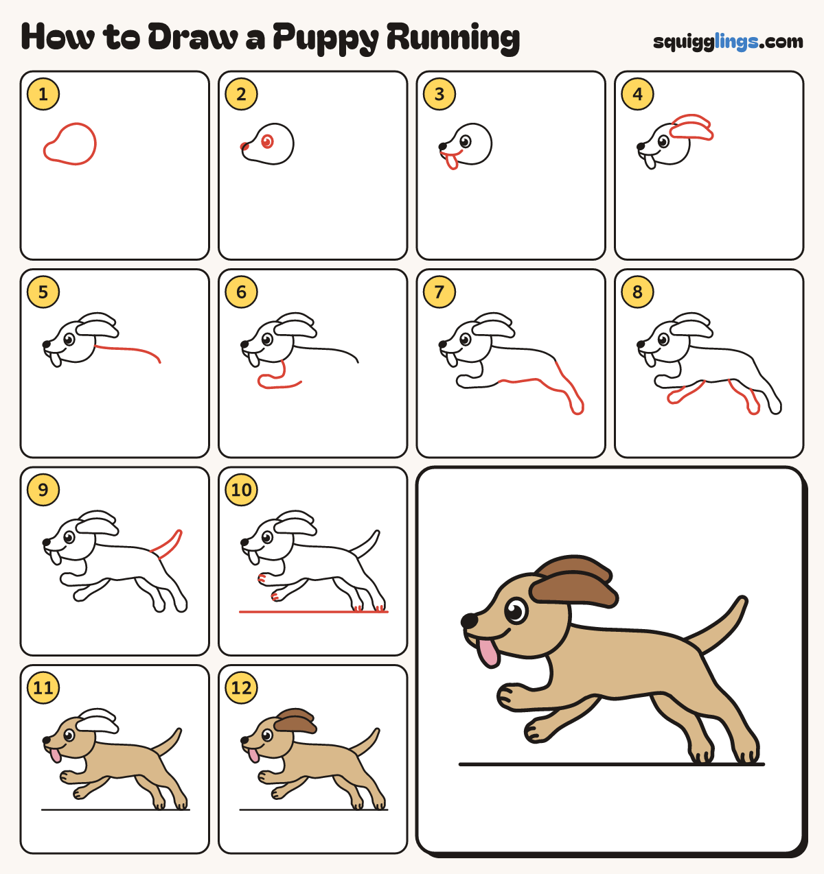 How to Draw a Puppy Running step by step: all 12 steps in one picture