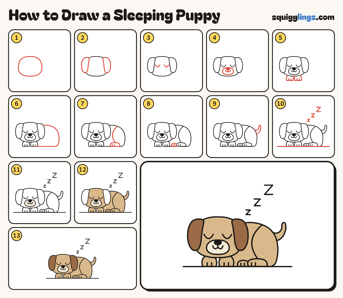 How to Draw a Sleeping Puppy step by step: all 13 steps in one picture