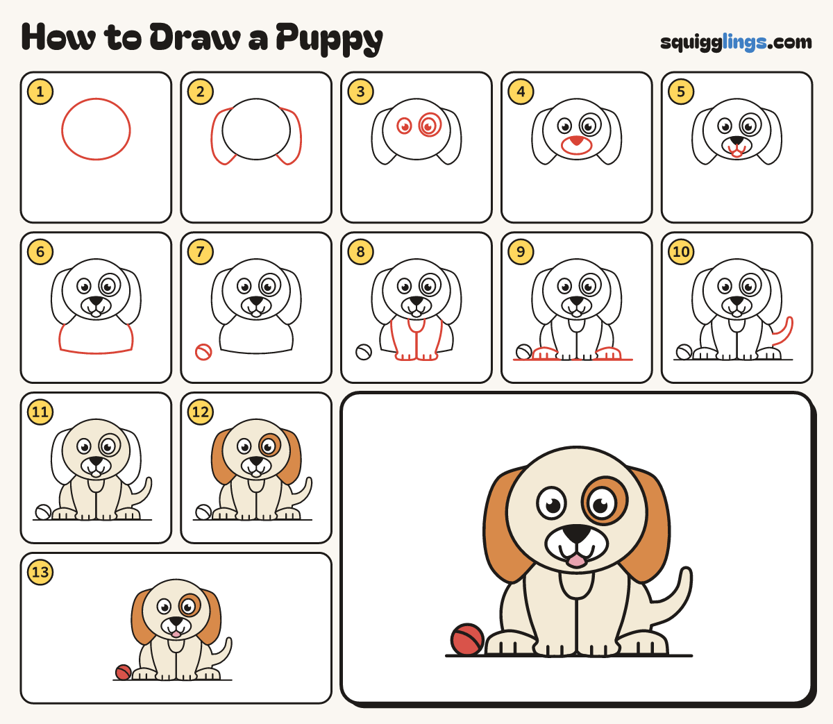 How to Draw a Puppy step by step: all 13 steps in one picture