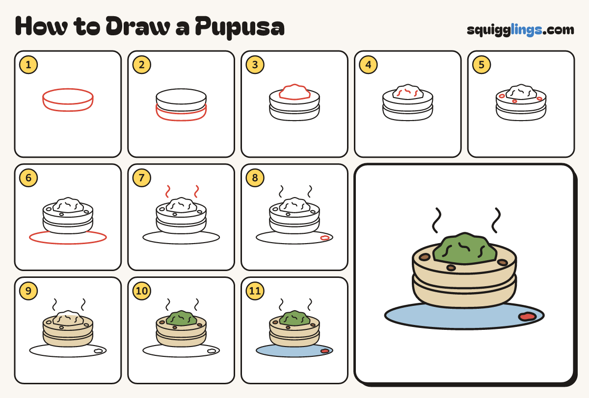 How to Draw a Pupusa step by step: all 11 steps in one picture