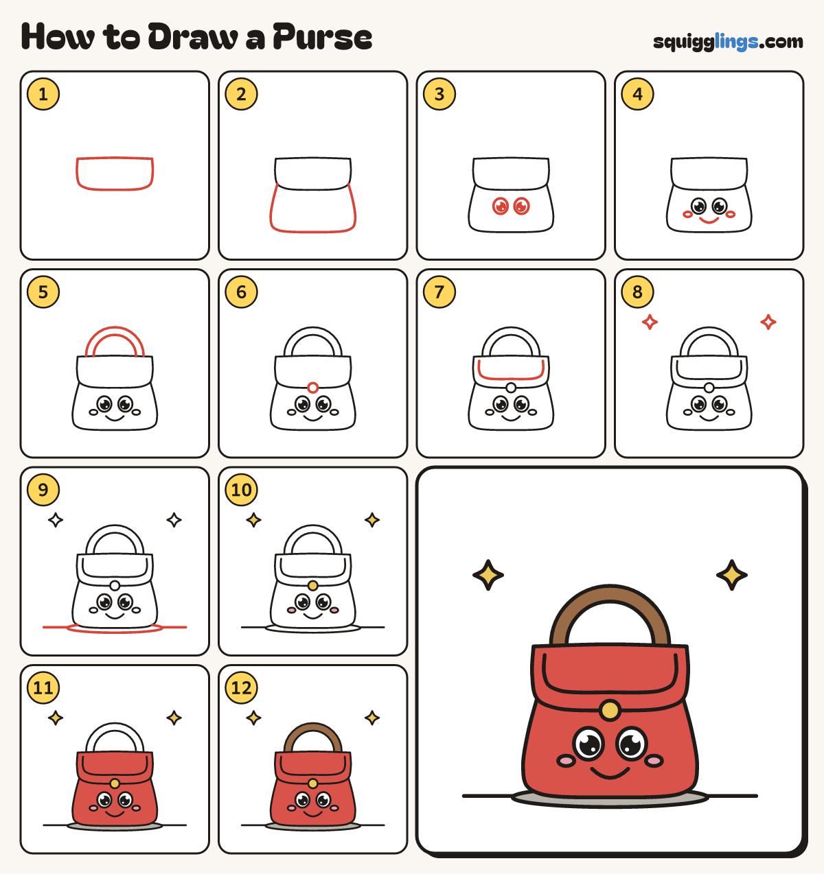 How to Draw a Purse step by step: all 12 steps in one picture