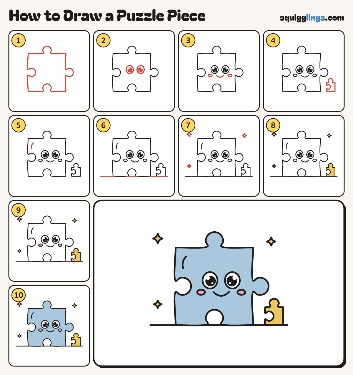 How to Draw a Puzzle Piece step by step: all 10 steps in one picture