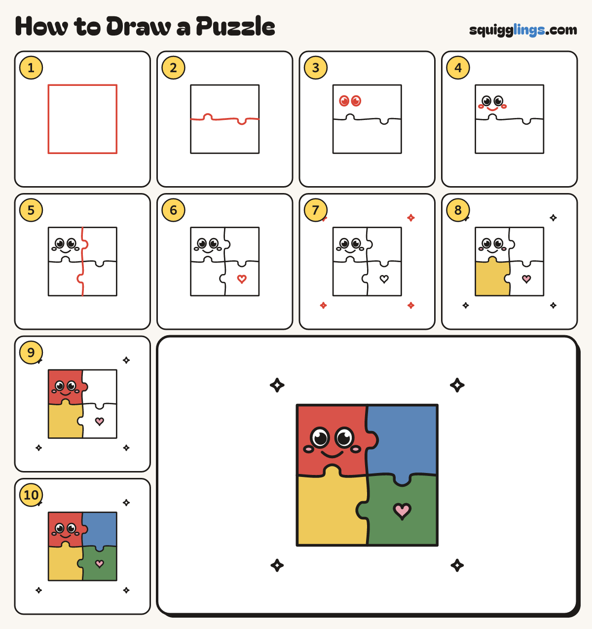 How to Draw a Puzzle step by step: all 10 steps in one picture