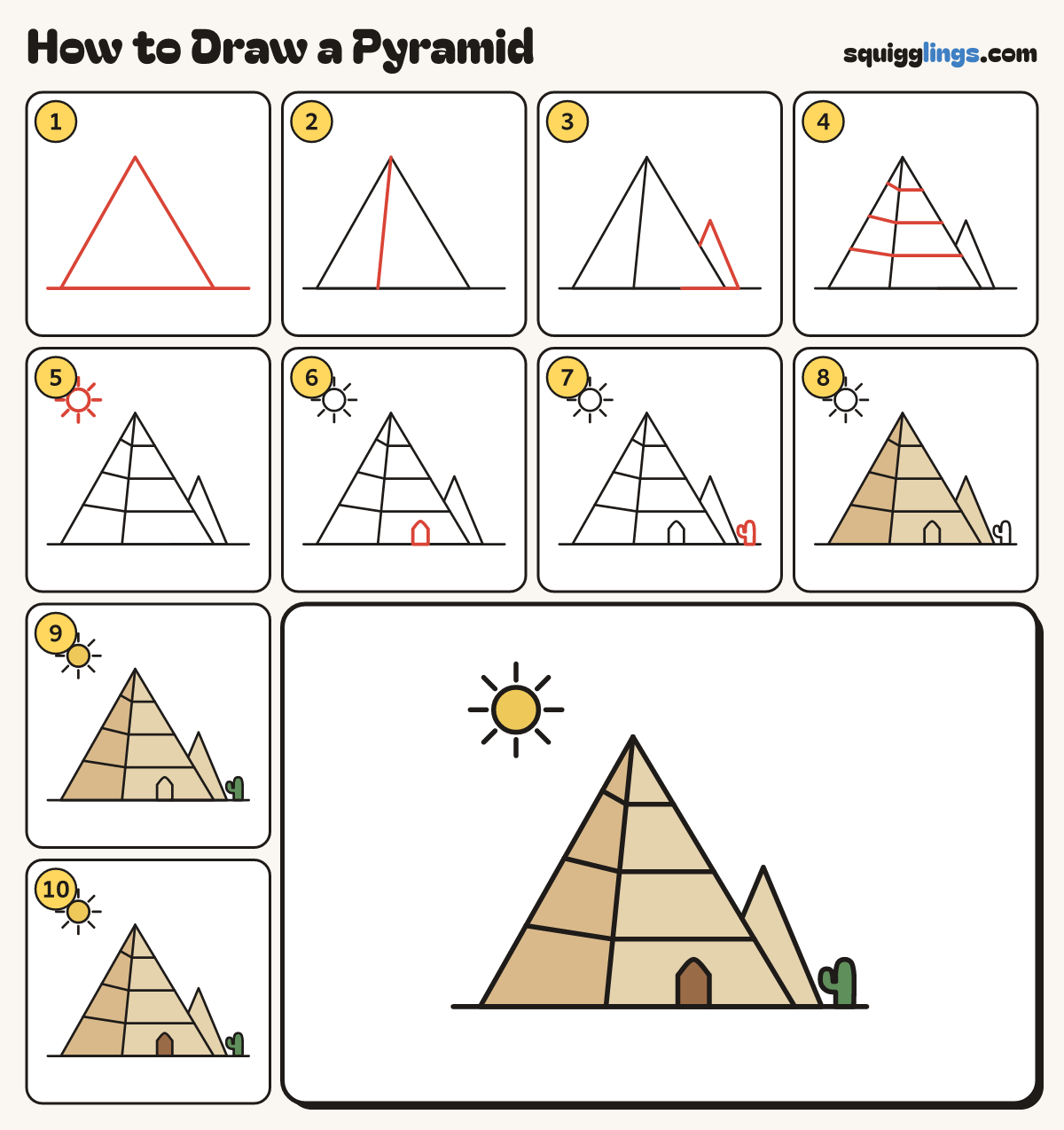 How to Draw a Pyramid step by step: all 10 steps in one picture