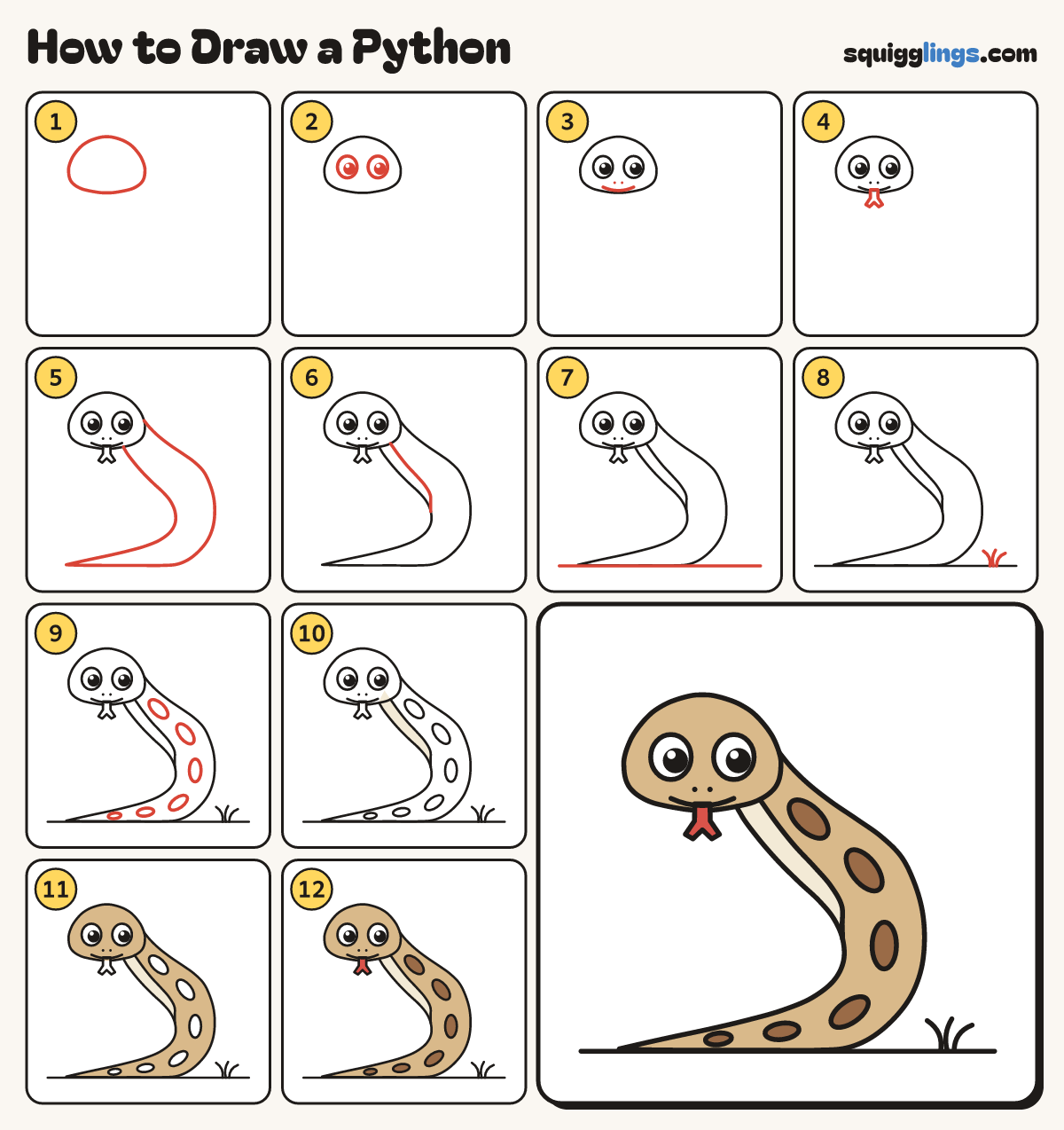 How to Draw a Python step by step: all 12 steps in one picture
